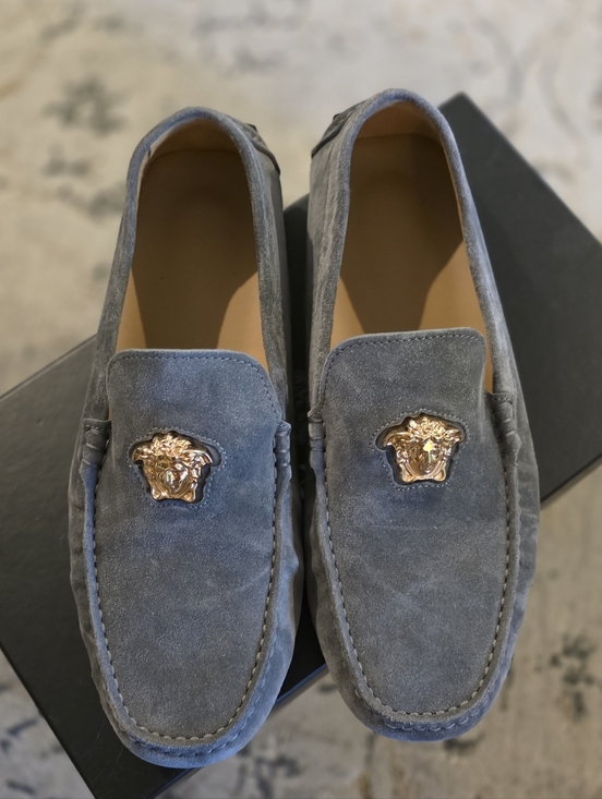Versace Other - Versace MENS Gray Suede Loafers with Gold Medusa Emblems